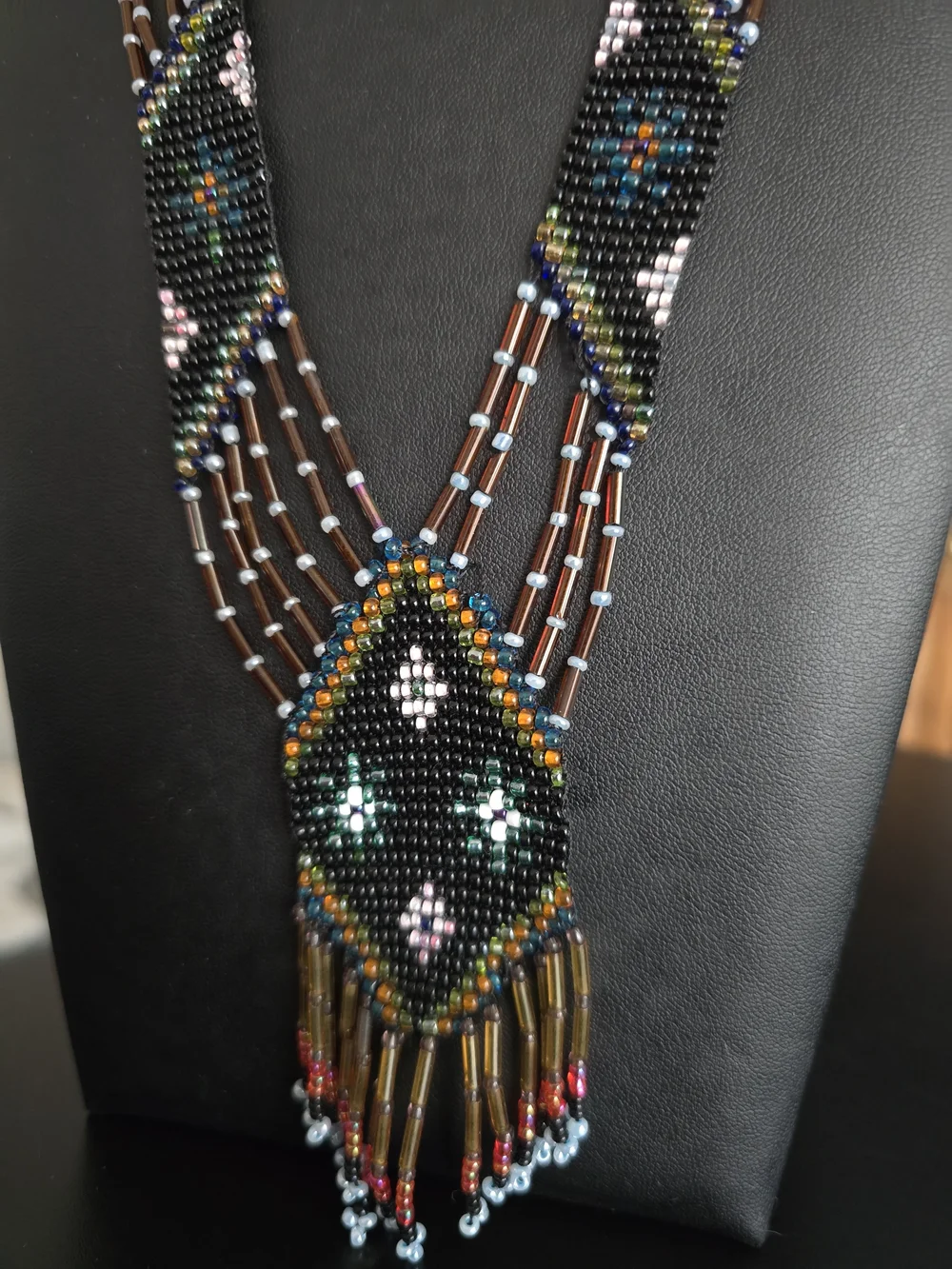 Handcrafted Beaded Fringe Necklace - Black and Brown - Picture 3 of 7